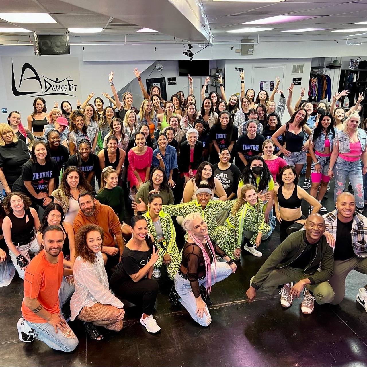 Large LA DanceFit community group photo in the studio